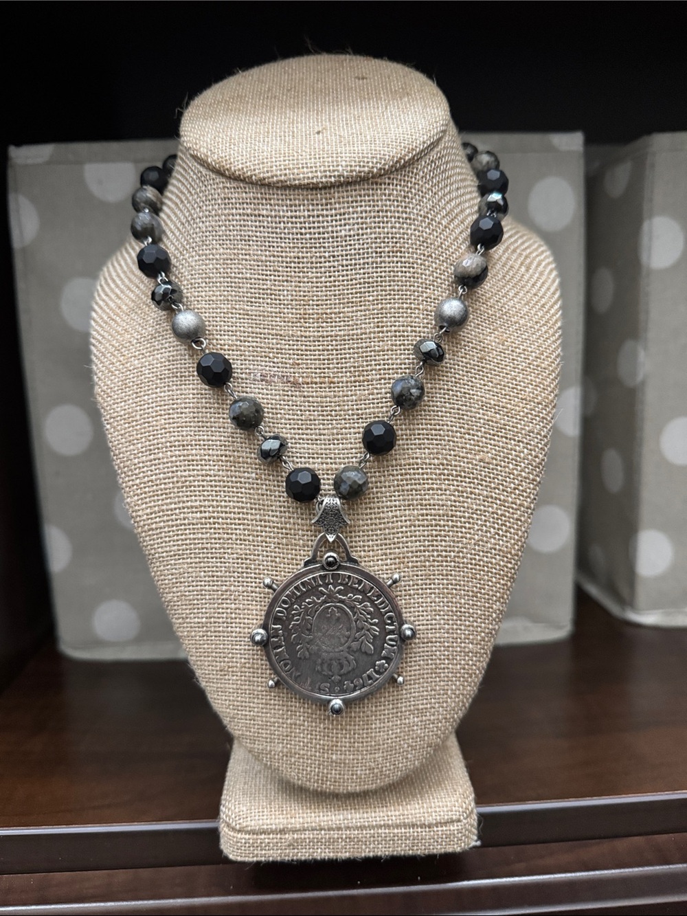 Black and Silver Beaded Pendant Necklace with Vintage-Style Medallion